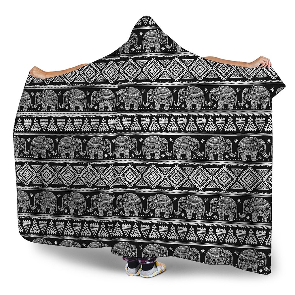 Black And White Indian Elephant Print Hooded Blanket