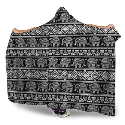 Black And White Indian Elephant Print Hooded Blanket