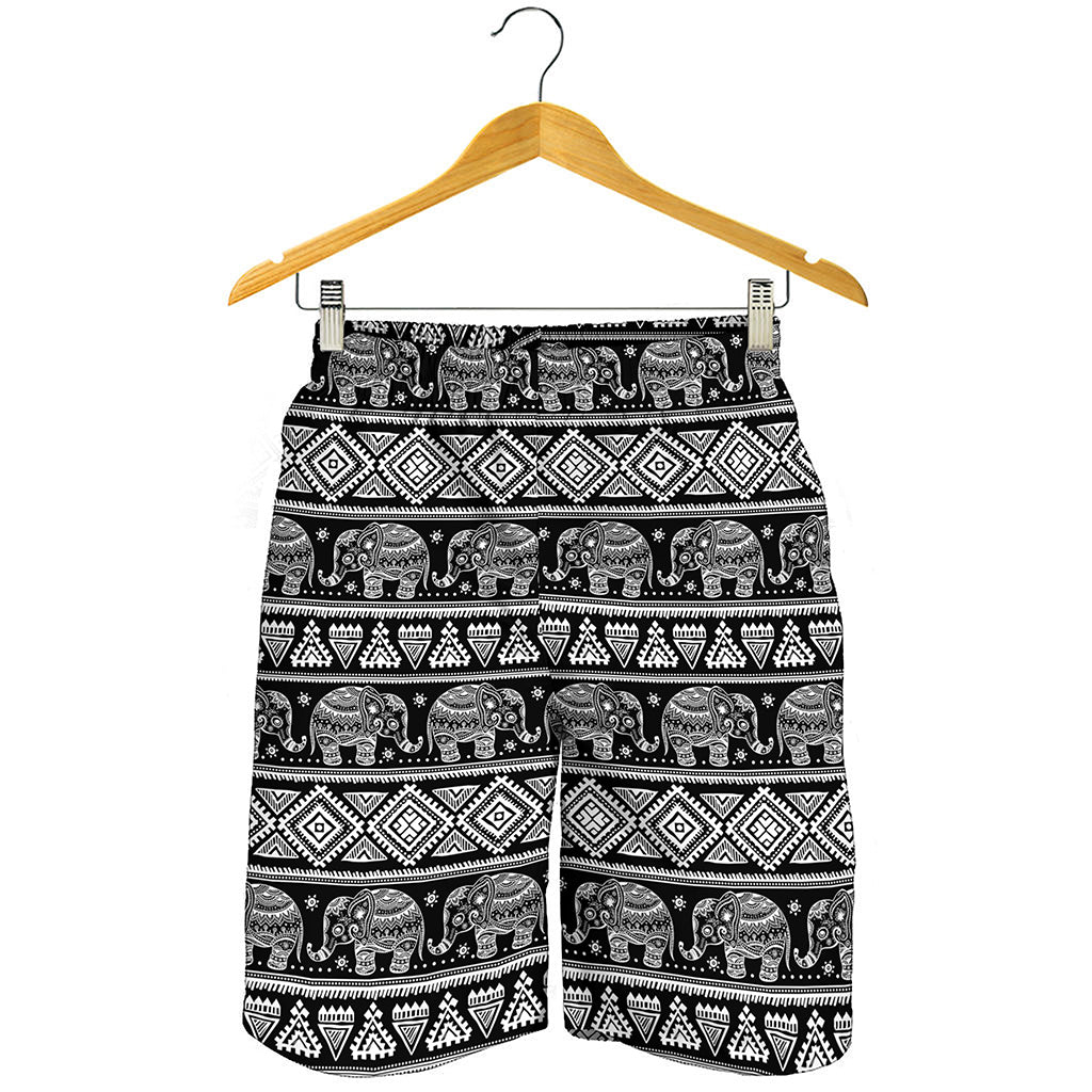 Black And White Indian Elephant Print Men's Shorts