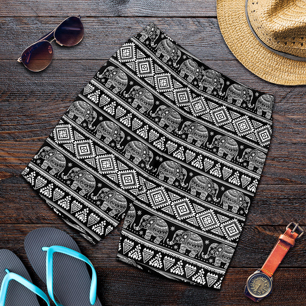 Black And White Indian Elephant Print Men's Shorts