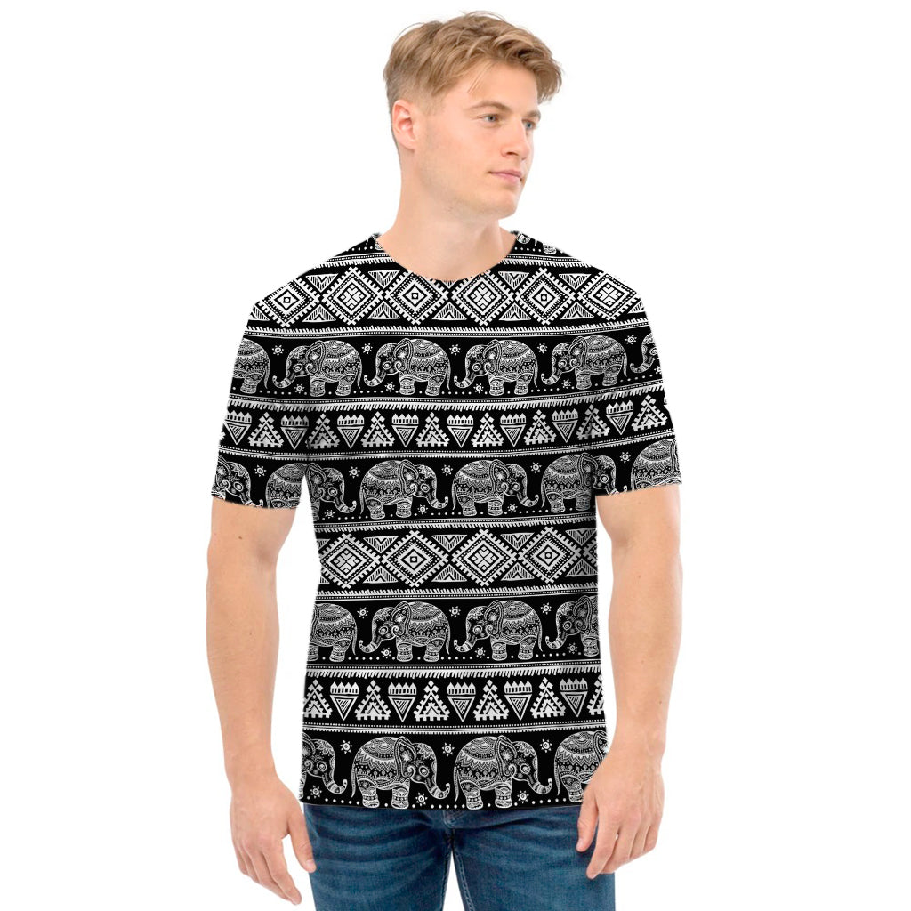 Black And White Indian Elephant Print Men's T-Shirt