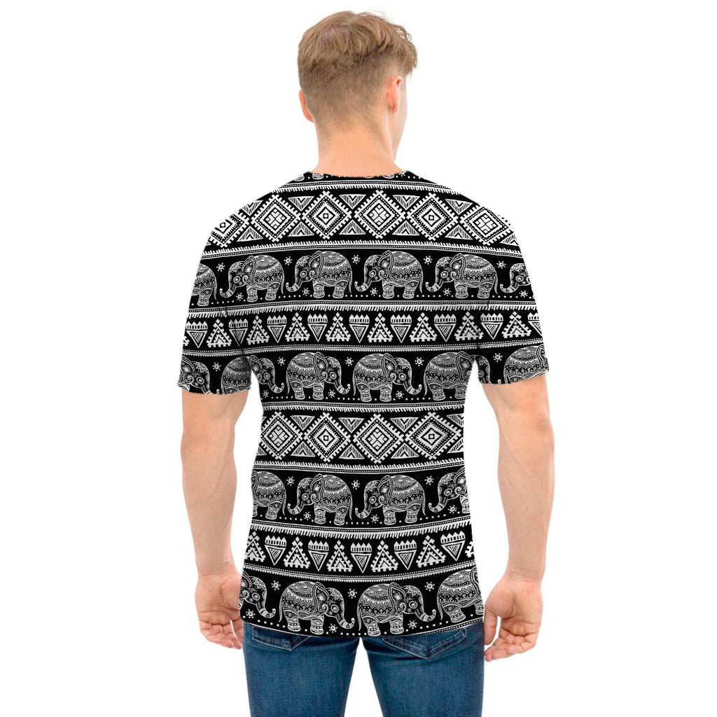 Black And White Indian Elephant Print Men's T-Shirt