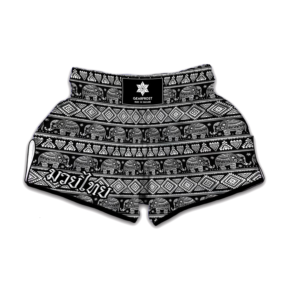 Black And White Indian Elephant Print Muay Thai Boxing Shorts