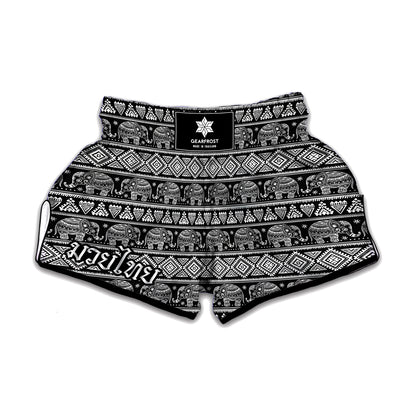 Black And White Indian Elephant Print Muay Thai Boxing Shorts