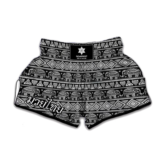 Black And White Indian Elephant Print Muay Thai Boxing Shorts