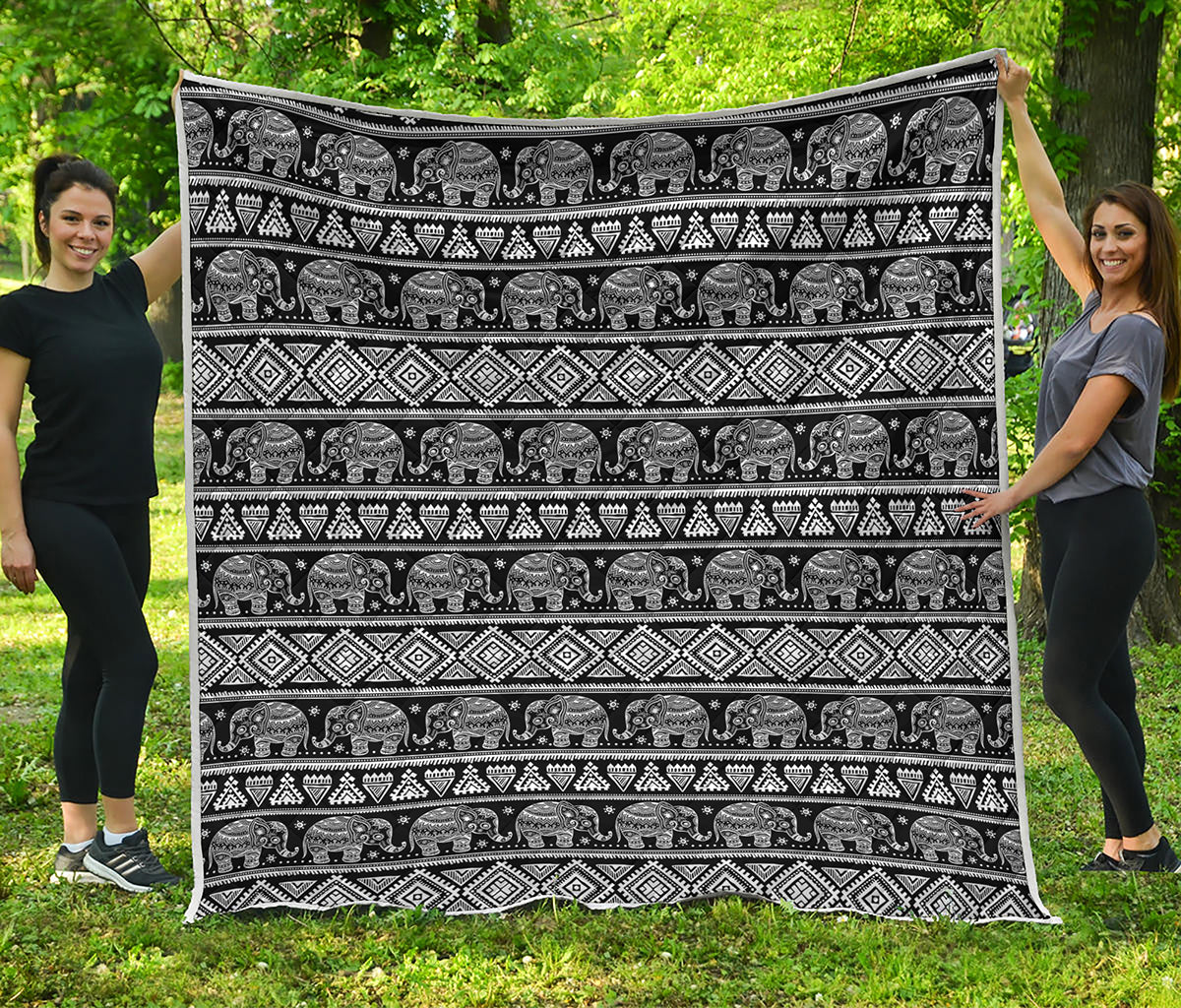 Black And White Indian Elephant Print Quilt