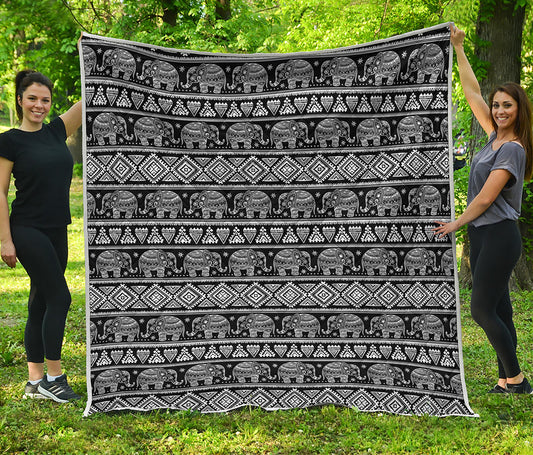 Black And White Indian Elephant Print Quilt