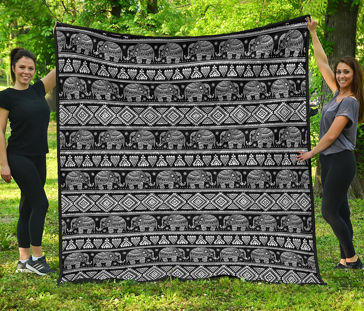 Black And White Indian Elephant Print Quilt