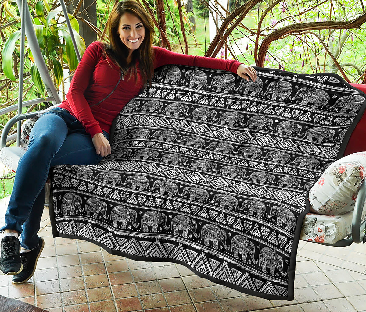Black And White Indian Elephant Print Quilt