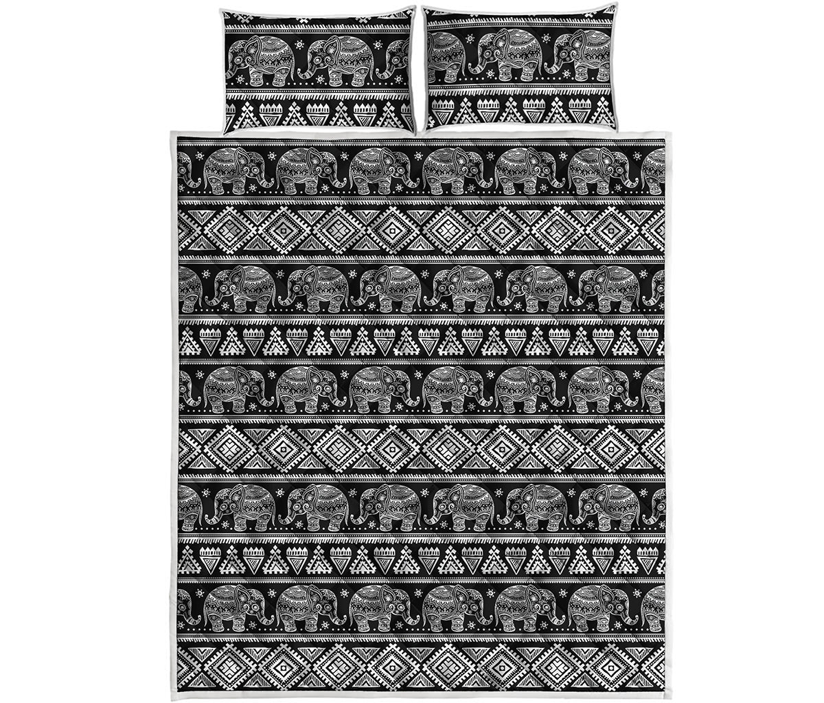 Black And White Indian Elephant Print Quilt Bed Set