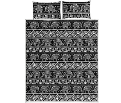 Black And White Indian Elephant Print Quilt Bed Set