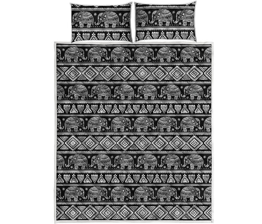 Black And White Indian Elephant Print Quilt Bed Set