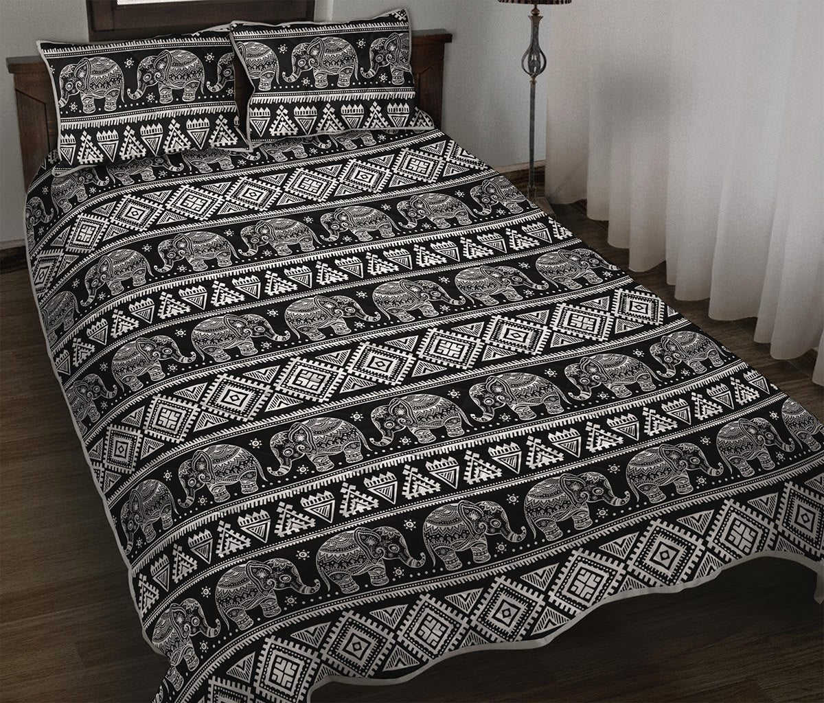 Black And White Indian Elephant Print Quilt Bed Set