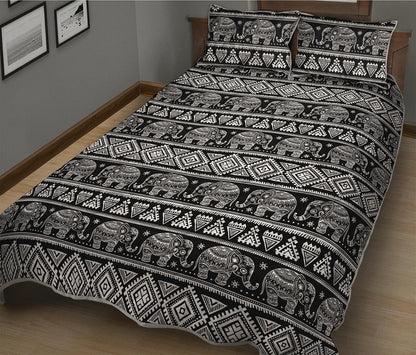 Black And White Indian Elephant Print Quilt Bed Set