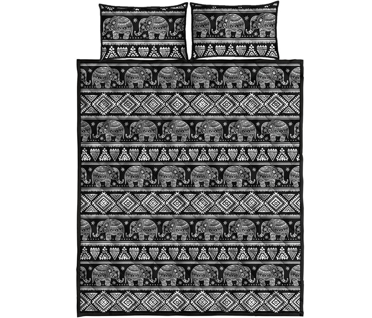 Black And White Indian Elephant Print Quilt Bed Set