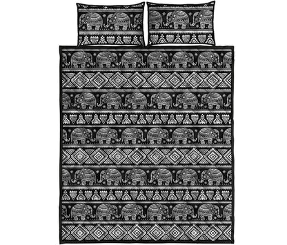 Black And White Indian Elephant Print Quilt Bed Set