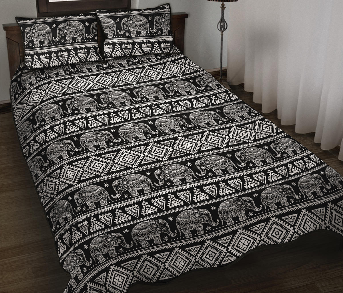 Black And White Indian Elephant Print Quilt Bed Set