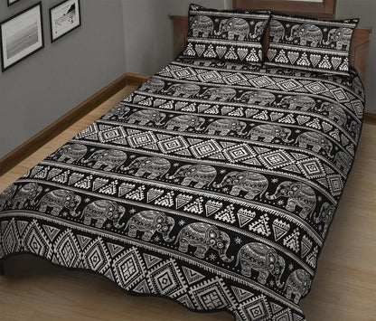 Black And White Indian Elephant Print Quilt Bed Set