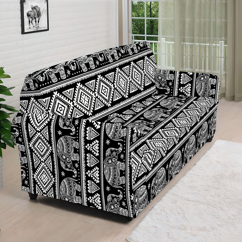 Black And White Indian Elephant Print Sofa Cover