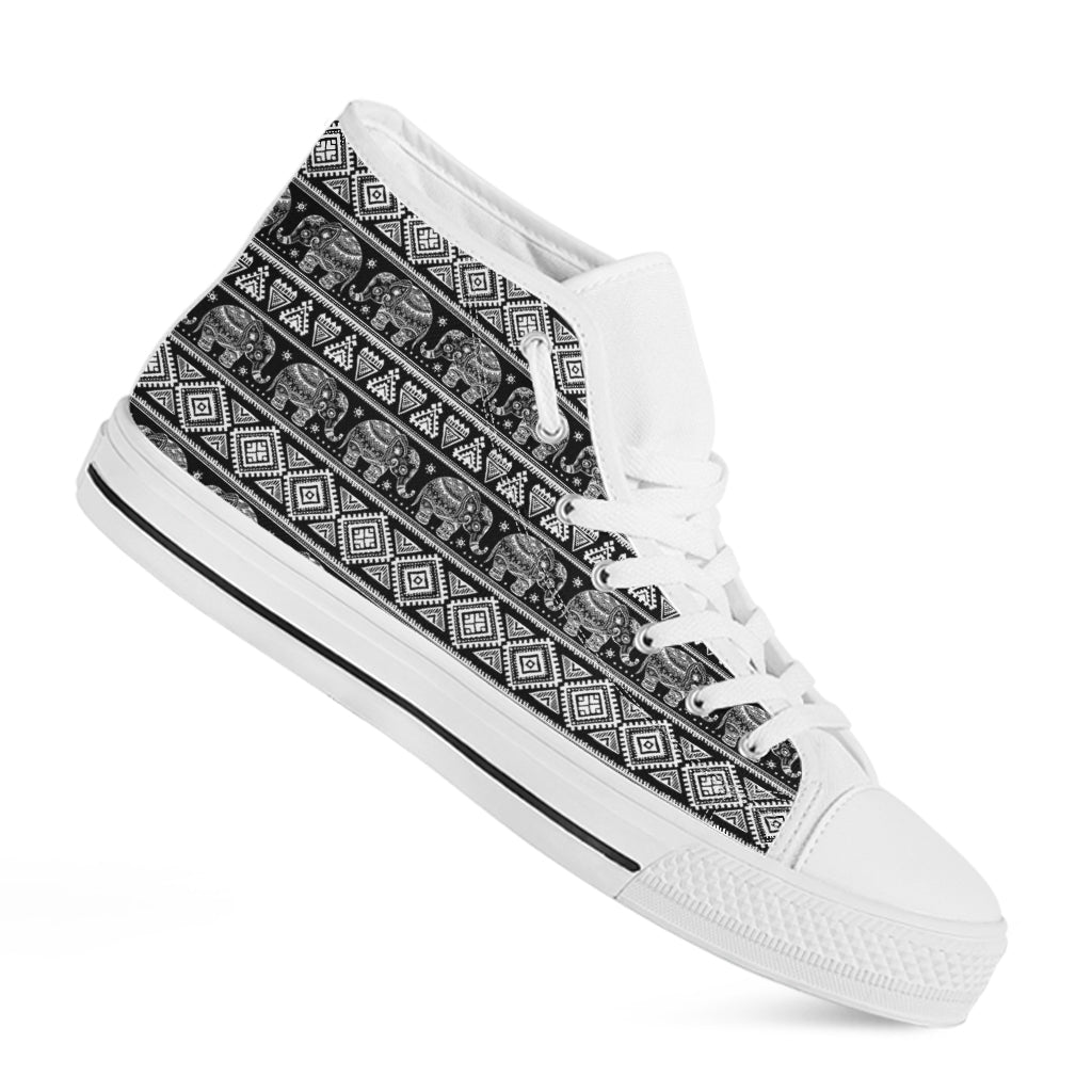 Black And White Indian Elephant Print White High Top Shoes