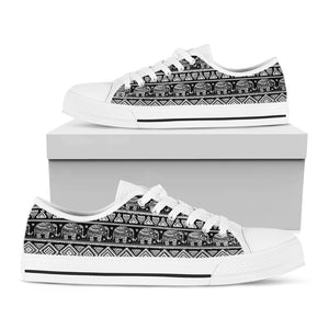 Black And White Indian Elephant Print White Low Top Shoes