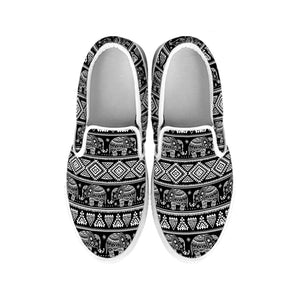 Black And White Indian Elephant Print White Slip On Shoes