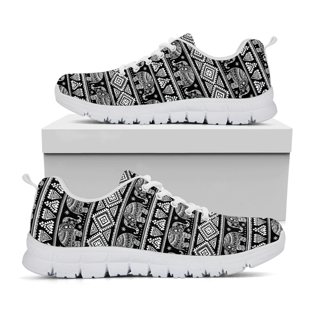 Black And White Indian Elephant Print White Sneakers