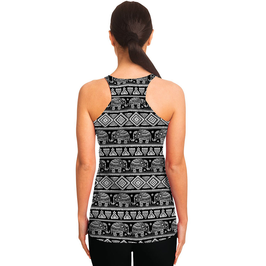 Black And White Indian Elephant Print Women's Racerback Tank Top