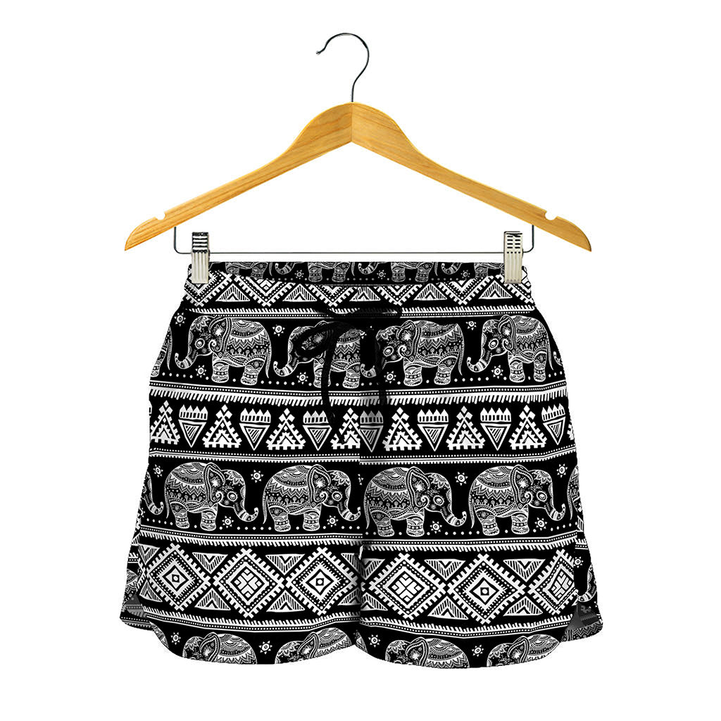 Black And White Indian Elephant Print Women's Shorts
