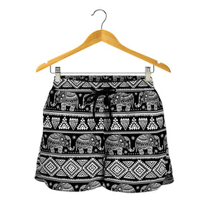 Black And White Indian Elephant Print Women's Shorts