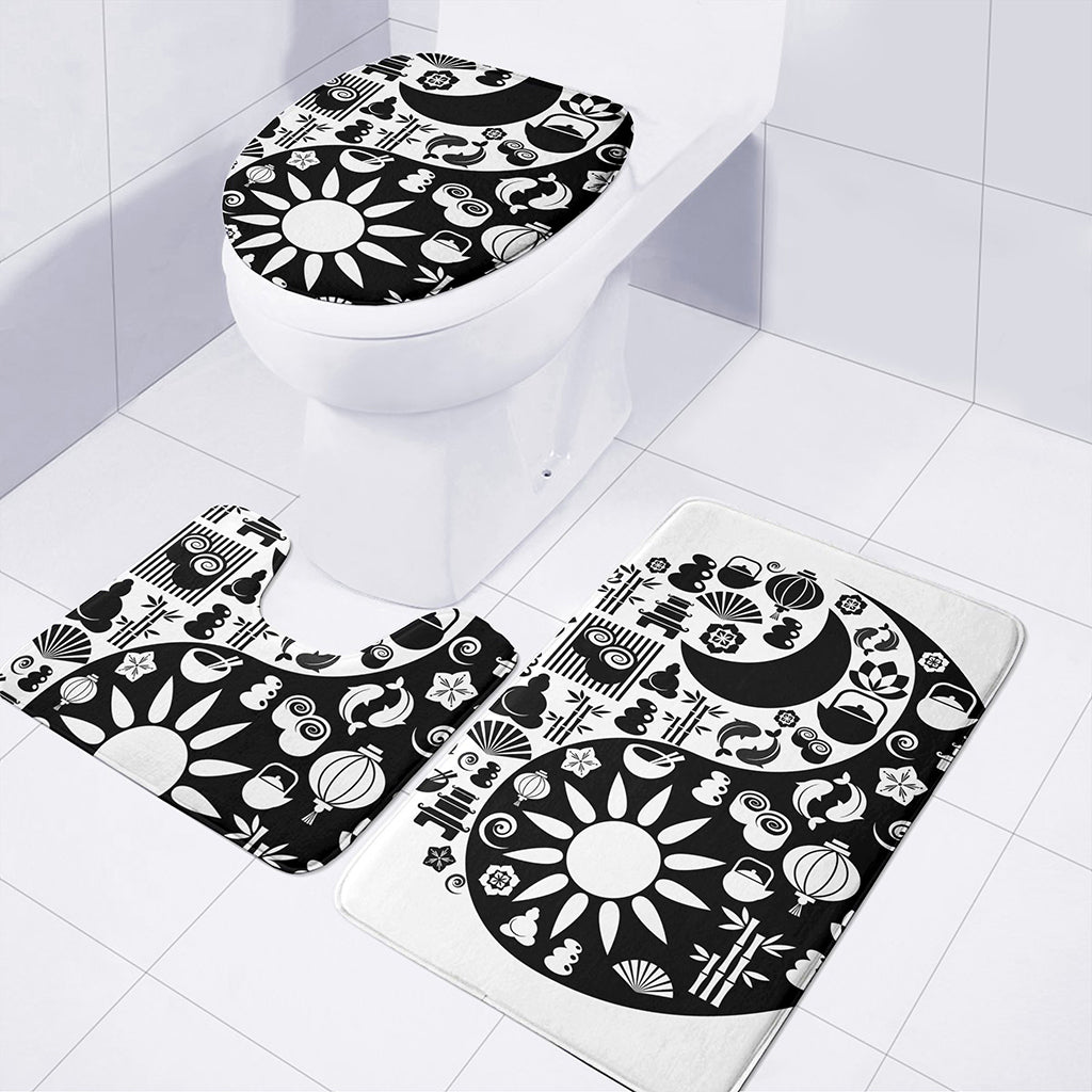 Black And White Japanese Yin Yang Print 3 Piece Bath Mat Set