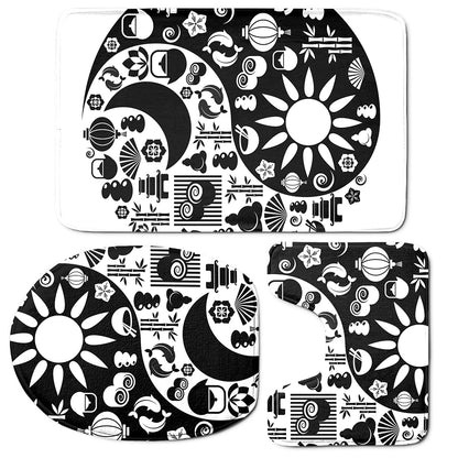 Black And White Japanese Yin Yang Print 3 Piece Bath Mat Set