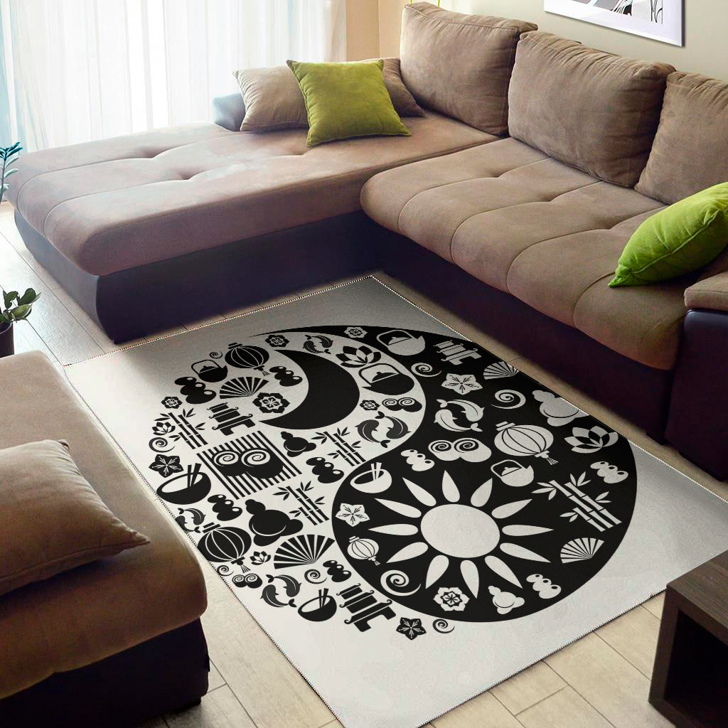 Black And White Japanese Yin Yang Print Area Rug