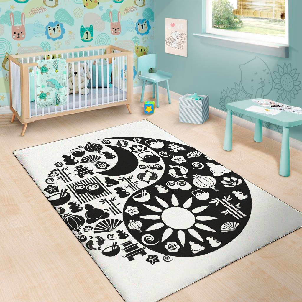 Black And White Japanese Yin Yang Print Area Rug