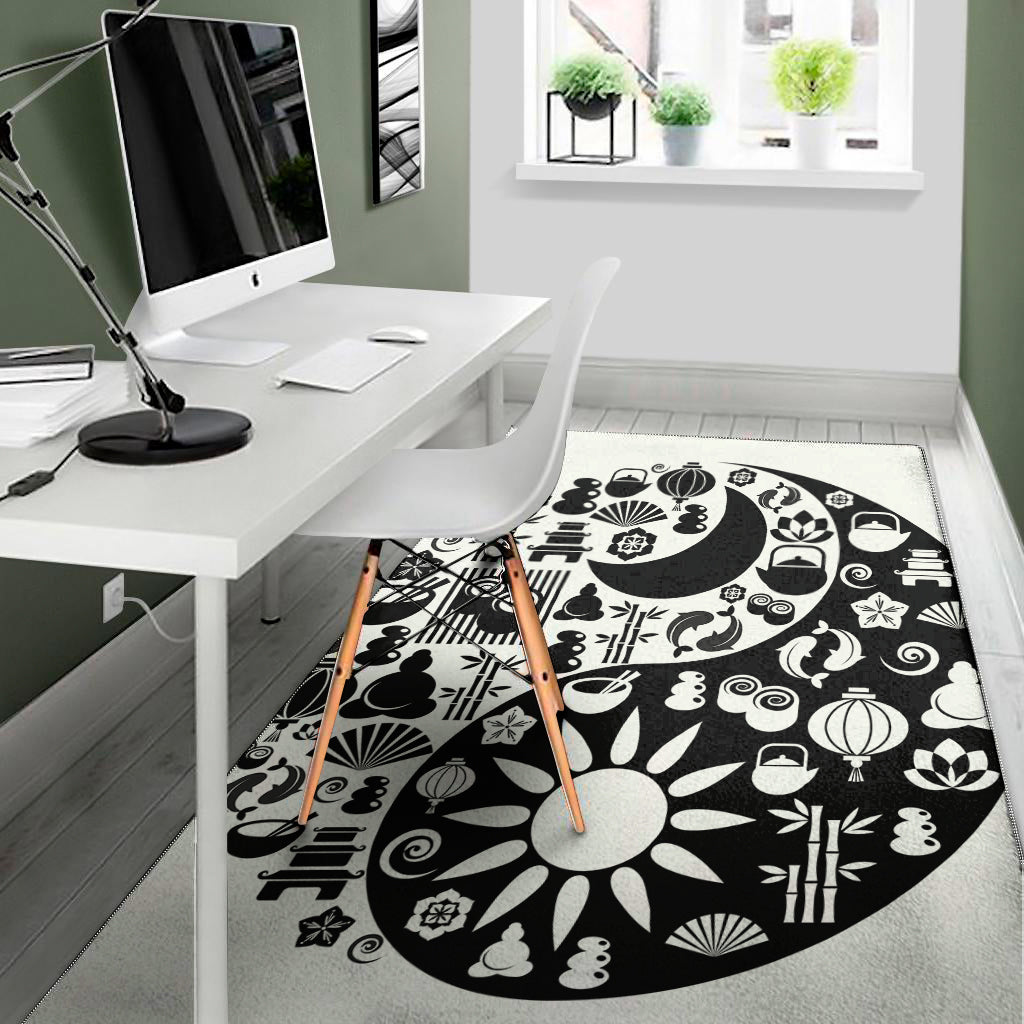 Black And White Japanese Yin Yang Print Area Rug