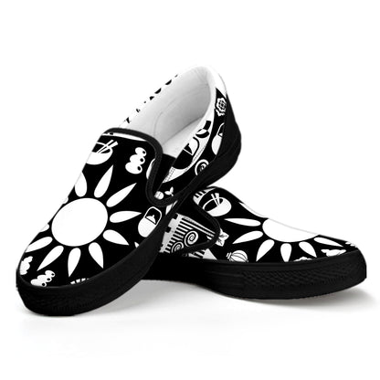 Black And White Japanese Yin Yang Print Black Slip On Shoes