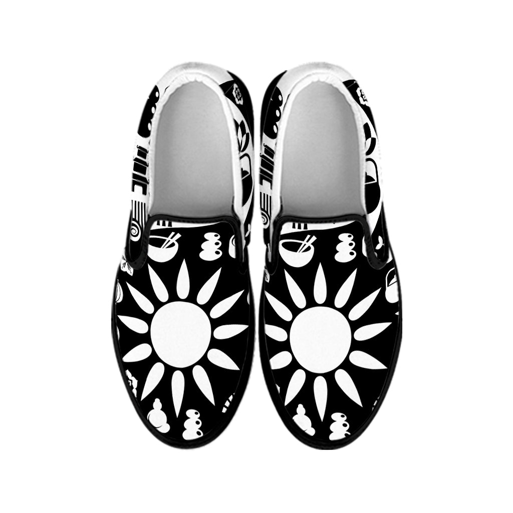 Black And White Japanese Yin Yang Print Black Slip On Shoes