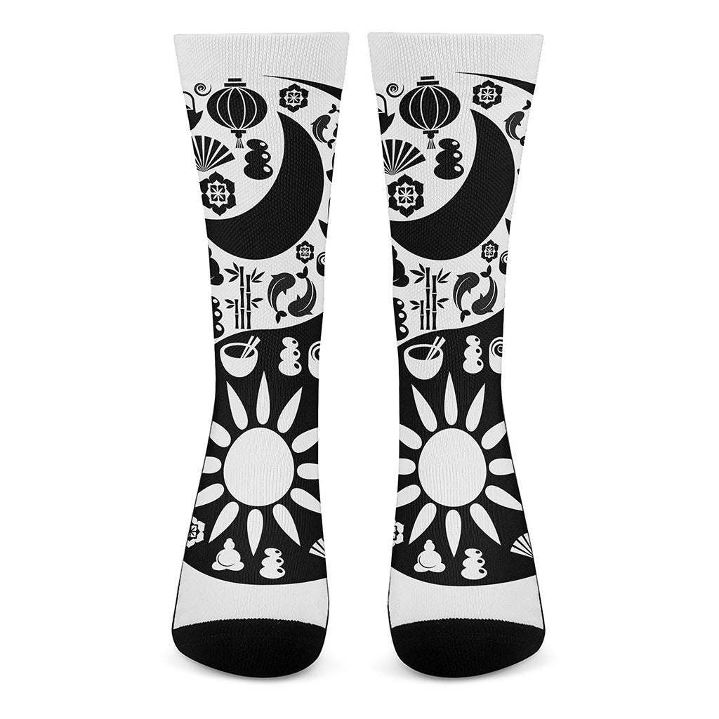 Black And White Japanese Yin Yang Print Crew Socks