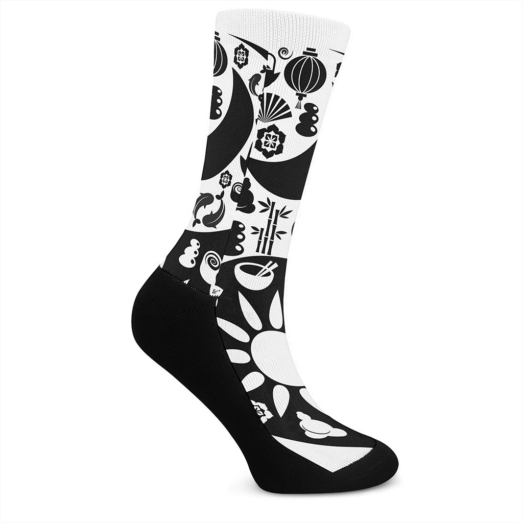 Black And White Japanese Yin Yang Print Crew Socks