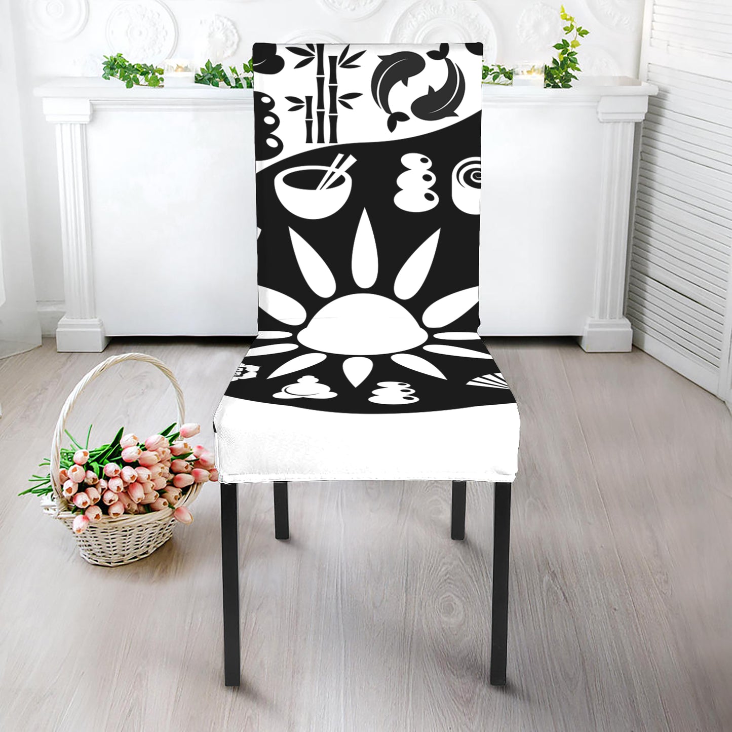 Black And White Japanese Yin Yang Print Dining Chair Slipcover