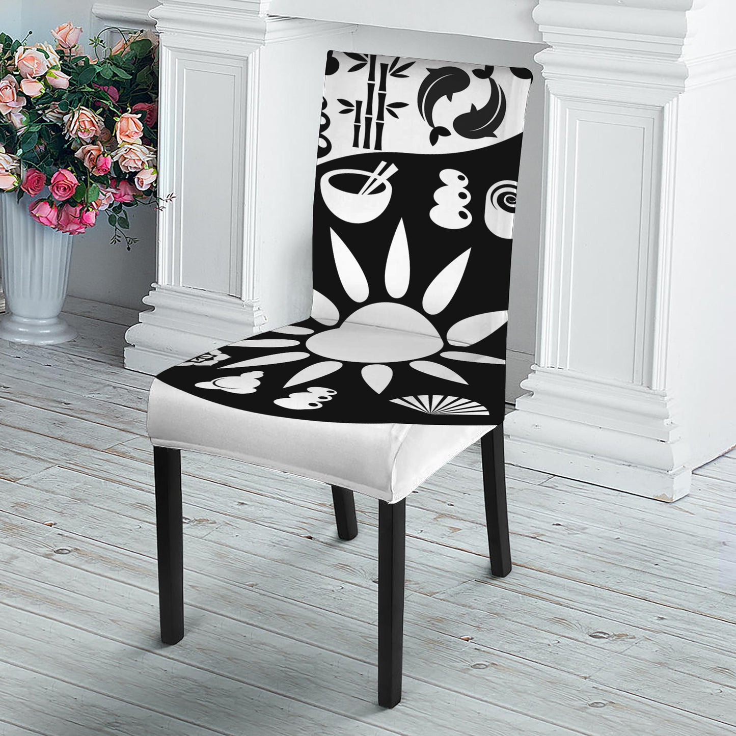 Black And White Japanese Yin Yang Print Dining Chair Slipcover