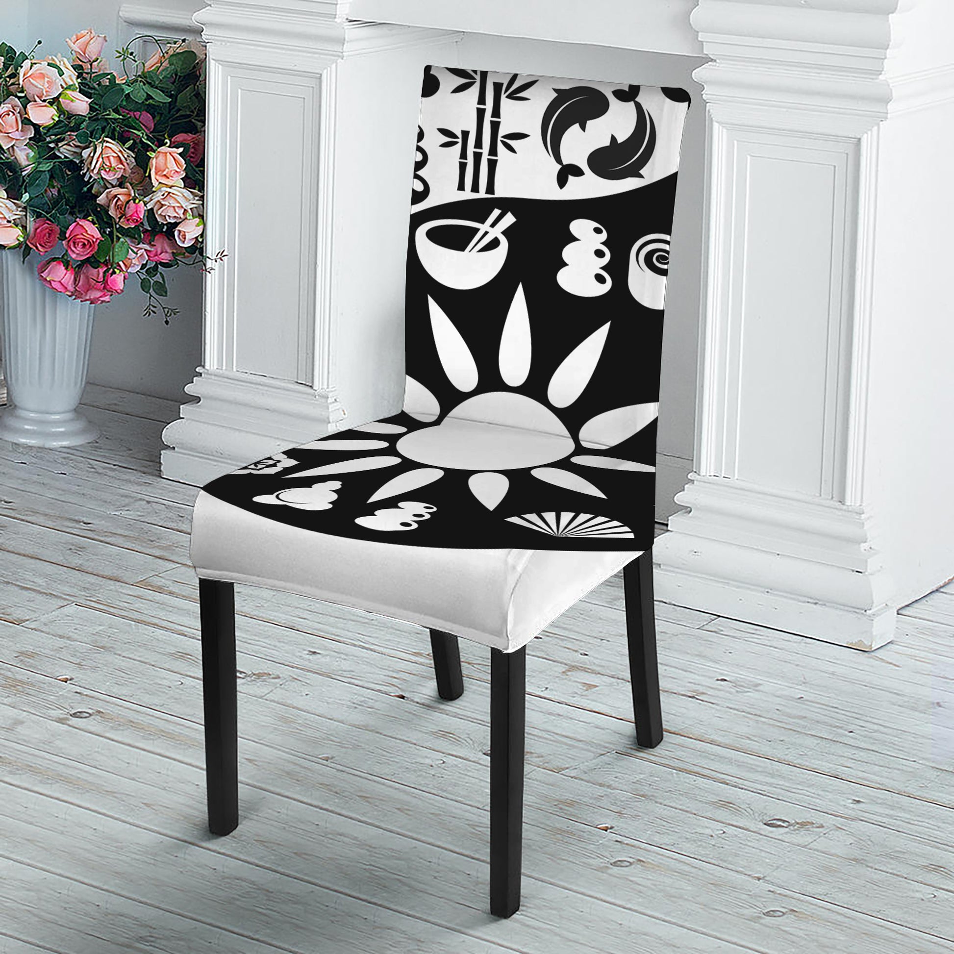 Black And White Japanese Yin Yang Print Dining Chair Slipcover