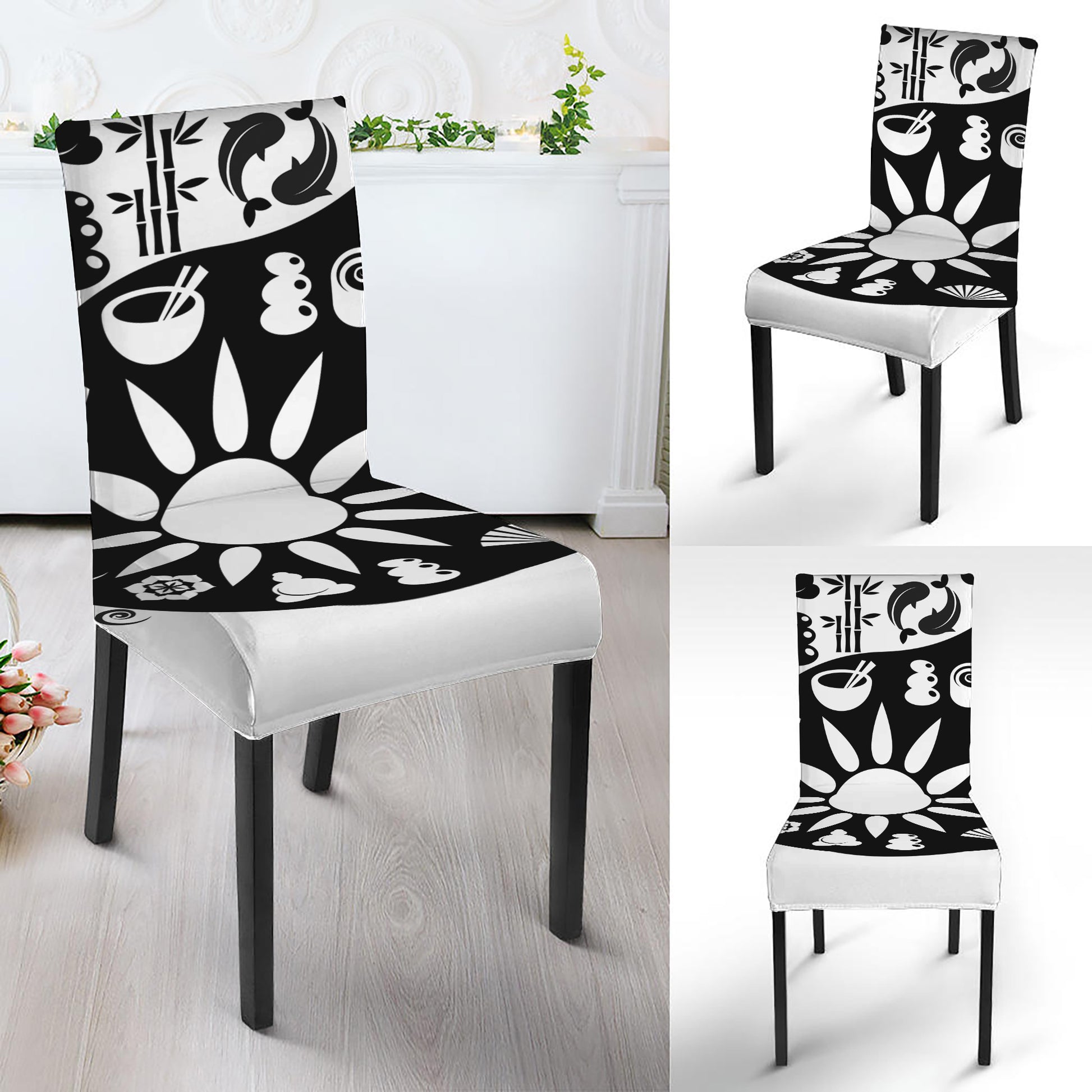 Black And White Japanese Yin Yang Print Dining Chair Slipcover