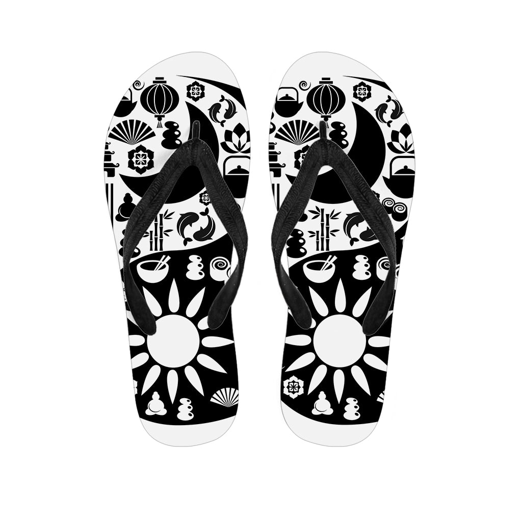 Black And White Japanese Yin Yang Print Flip Flops
