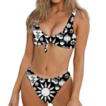 Black And White Japanese Yin Yang Print Front Bow Tie Bikini