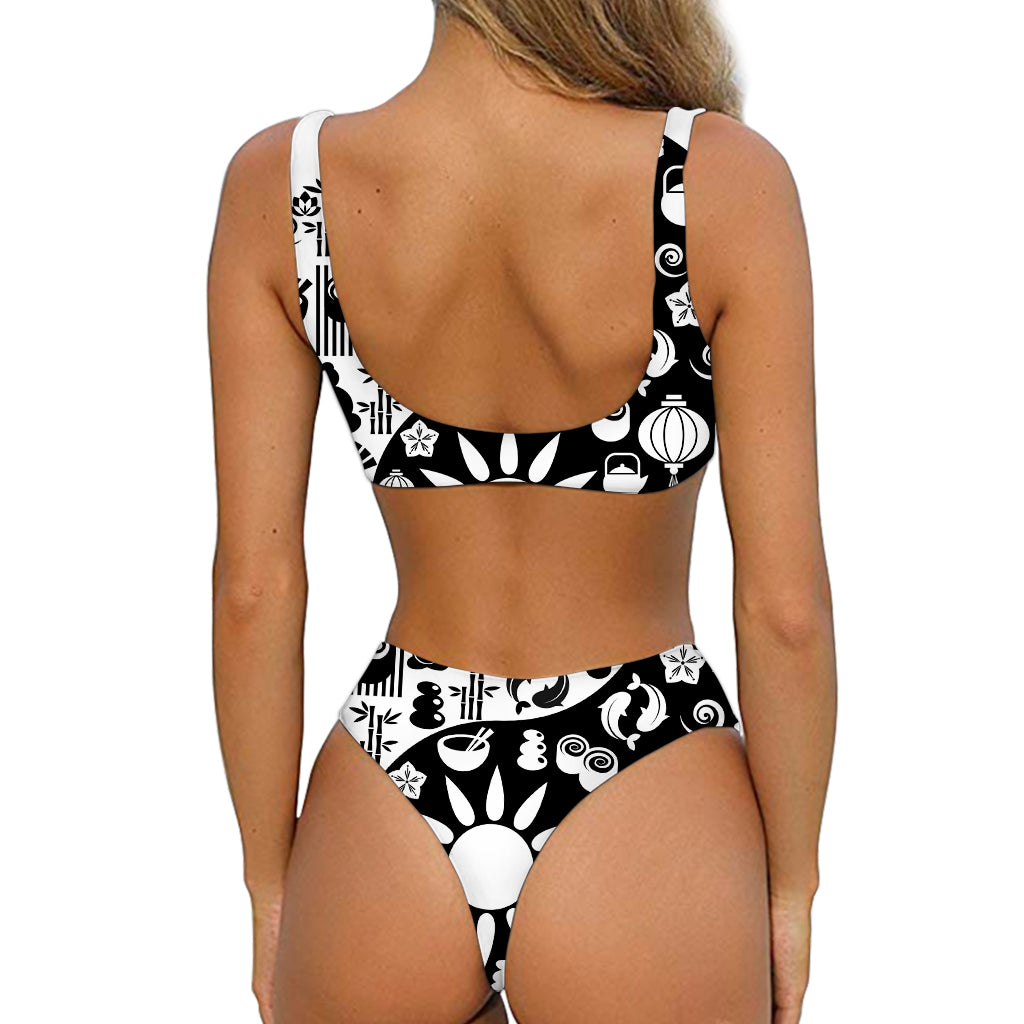 Black And White Japanese Yin Yang Print Front Bow Tie Bikini