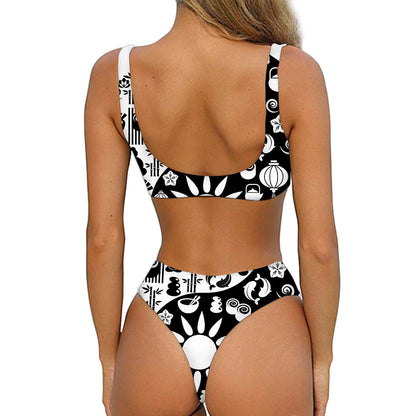 Black And White Japanese Yin Yang Print Front Bow Tie Bikini