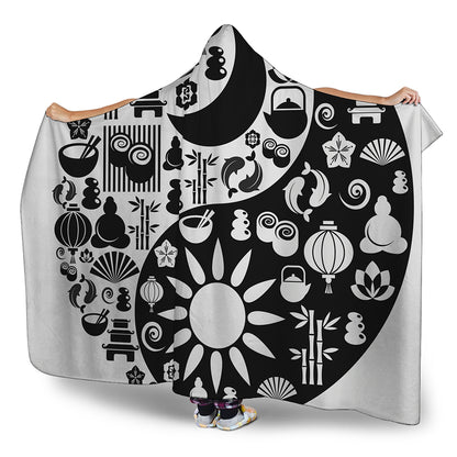 Black And White Japanese Yin Yang Print Hooded Blanket