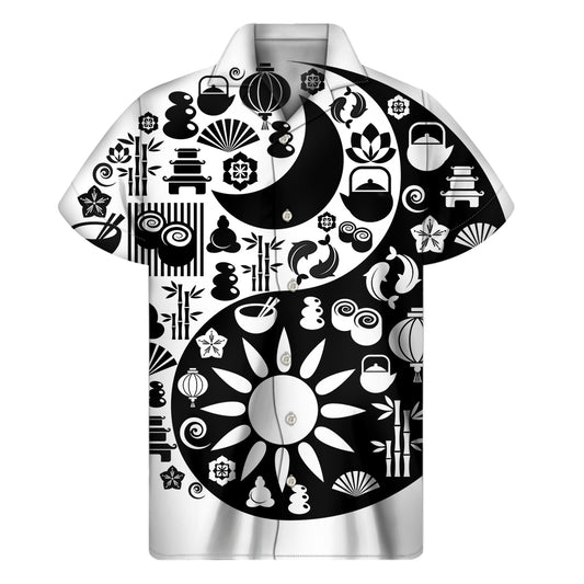 Black And White Japanese Yin Yang Print Men's Short Sleeve Shirt