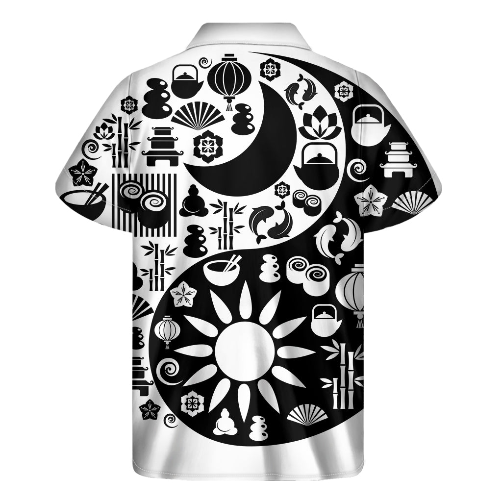 Black And White Japanese Yin Yang Print Men's Short Sleeve Shirt